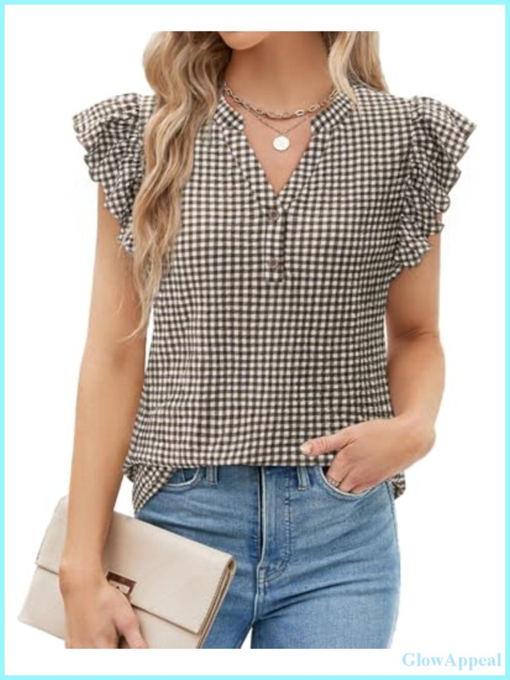 Women's Flutter Sleeve Blouse V-Neck Ruffle Top Casual Button Down